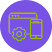 A yellow and green icon of a phone, computer screen and gear.