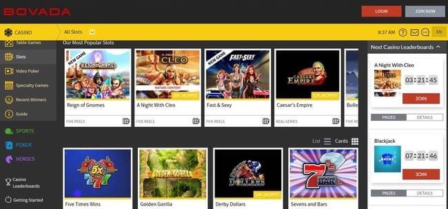 Online casino game selection on Bovada website.