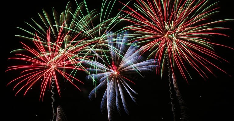 A group of fireworks are lit up in the night sky.