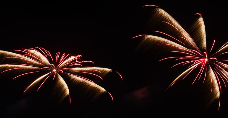 Two fireworks are seen in the dark sky.