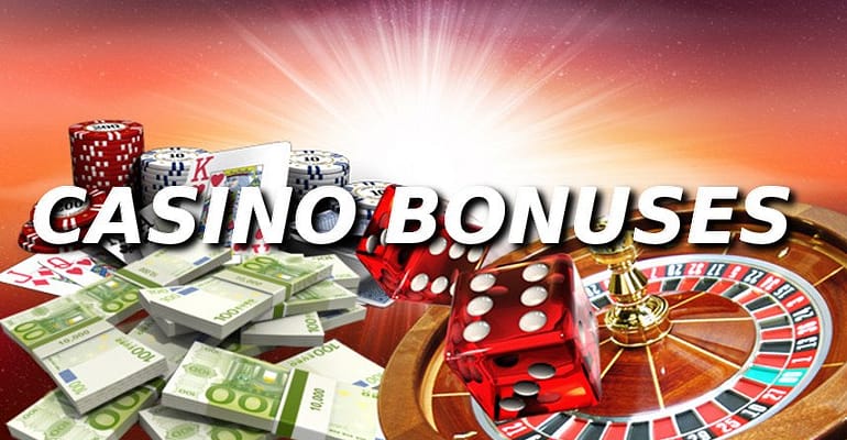 Casino bonuses with roulette, cards, and dice.